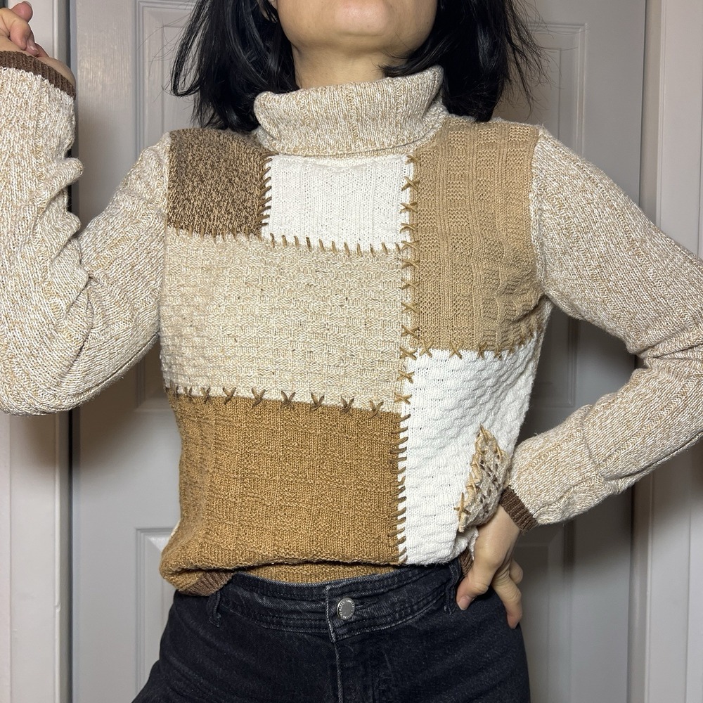 Vintage 90s  Fall Patchwork Knit Sweater Beige brown neutrals Medium turtleneck‎